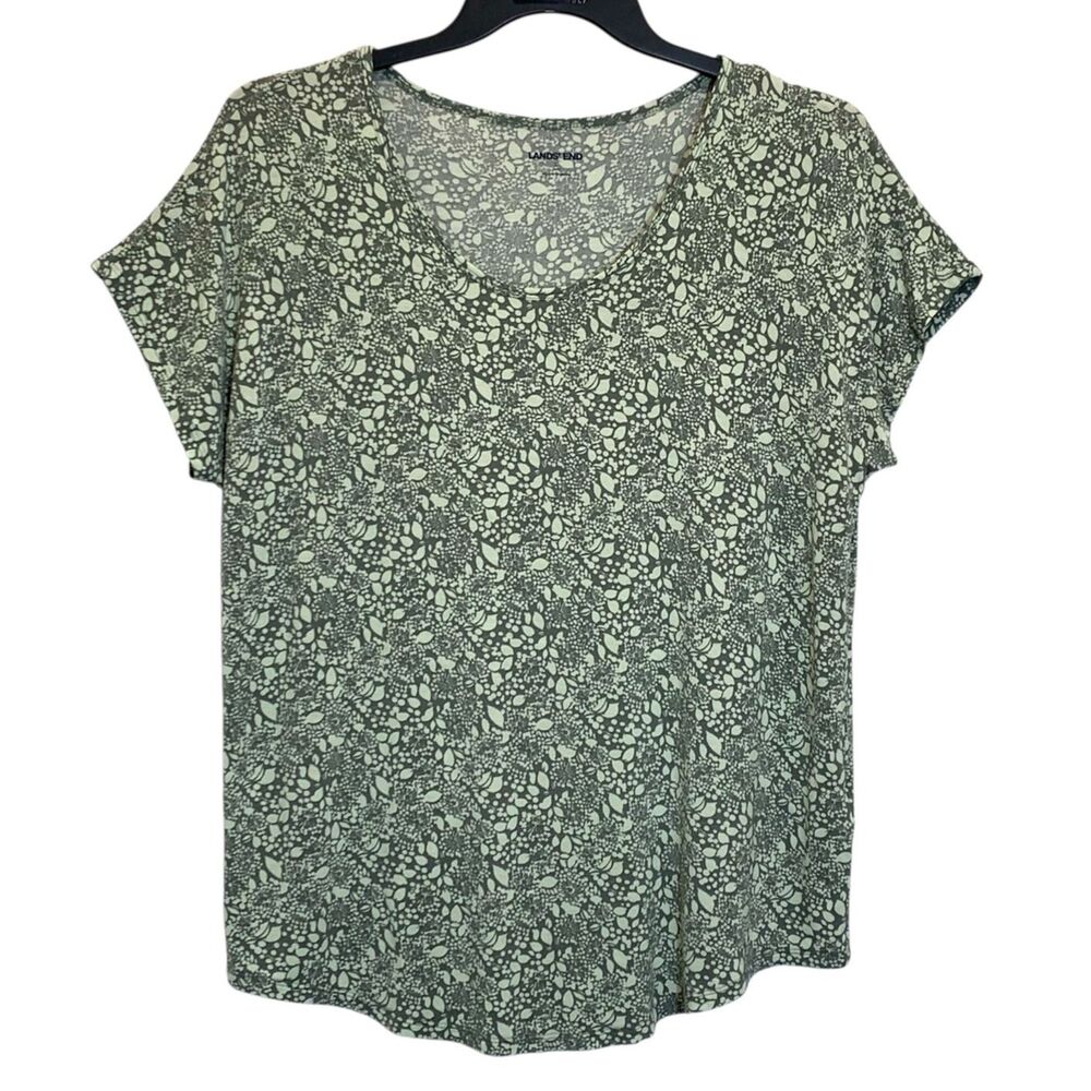 Lands End T-Shirt Top Womens Sz Large Green Floral Knit Stretch Scoop Neck